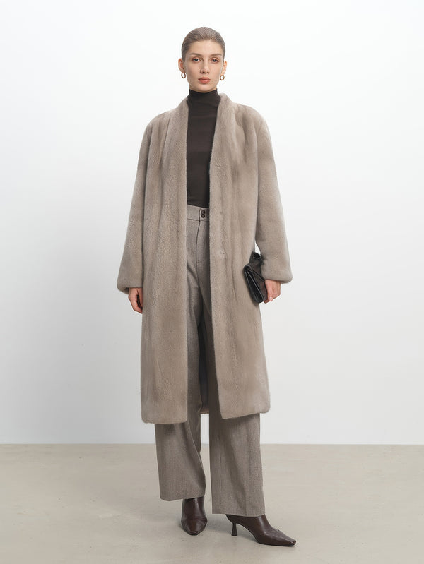 Natural genuine mink fur coat with V-neck