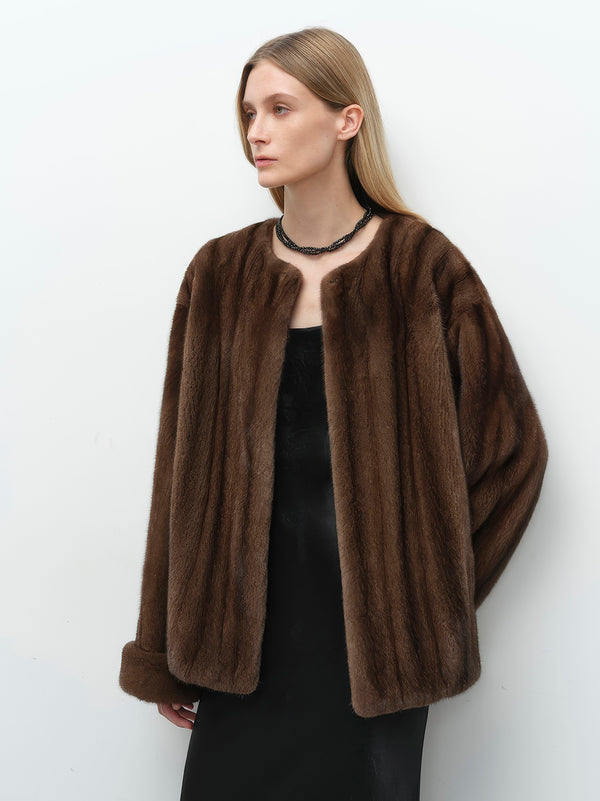 full-cut knife process mink fur coat with a round neck